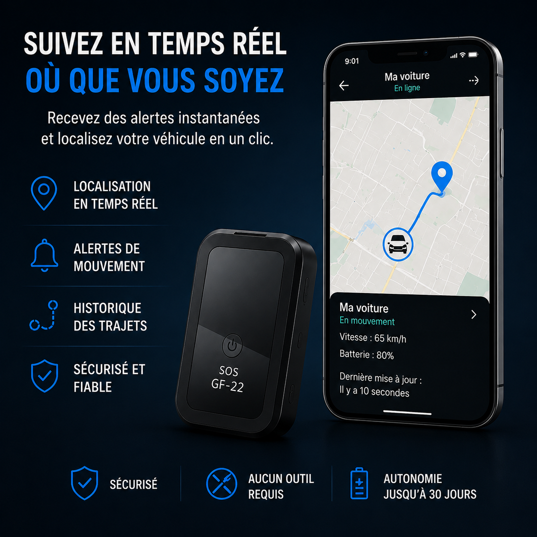 Tracker GPS SOS GF-22 posé à côté de son emballage