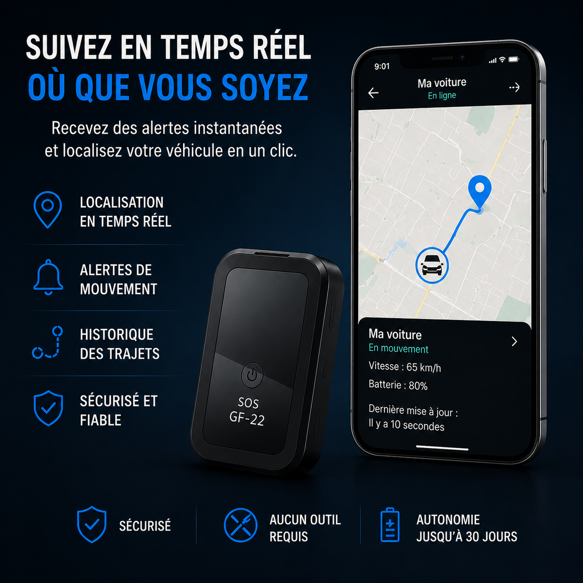 Tracker GPS SOS GF-22 posé à côté de son emballage